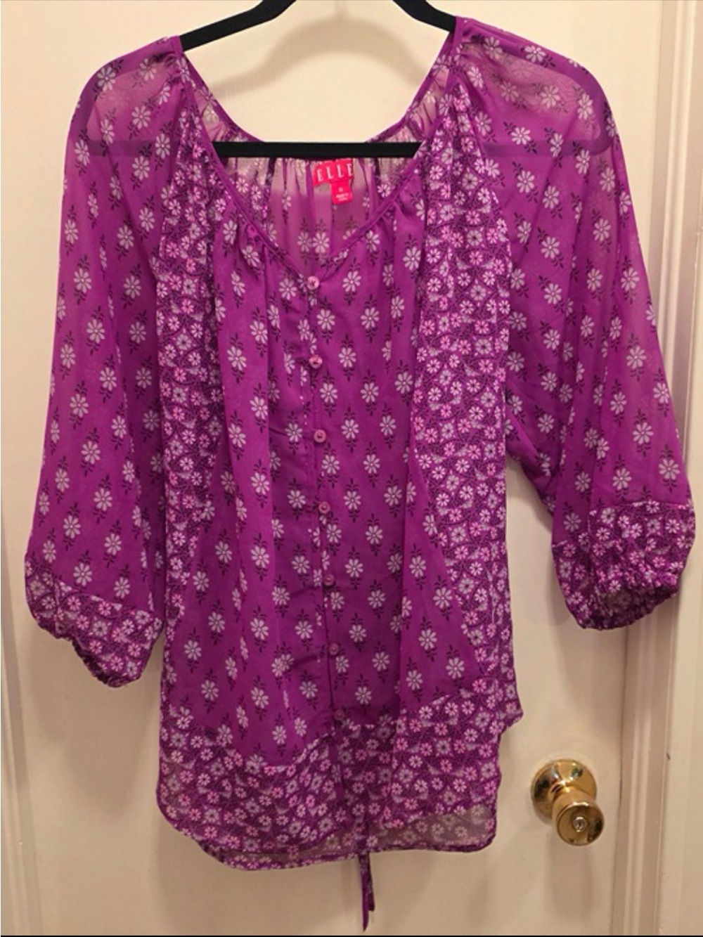Elle Purple Floral Peasant Blouse with Tie Neck